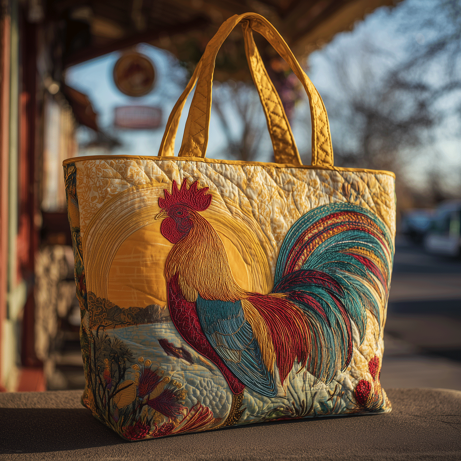 Golden Rooster Quilted Tote Bag Top Design Tote Bag Gifts With Chickens On Them