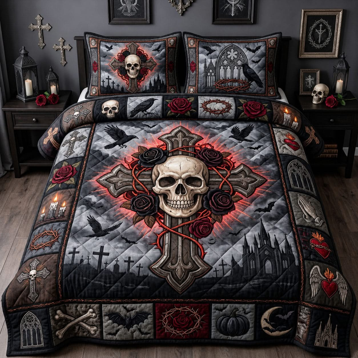 Gothic Skull Cross Red Rose Crow Quilted Bedding Set Spooky Dark Bed Decor Goth Lovers Gift