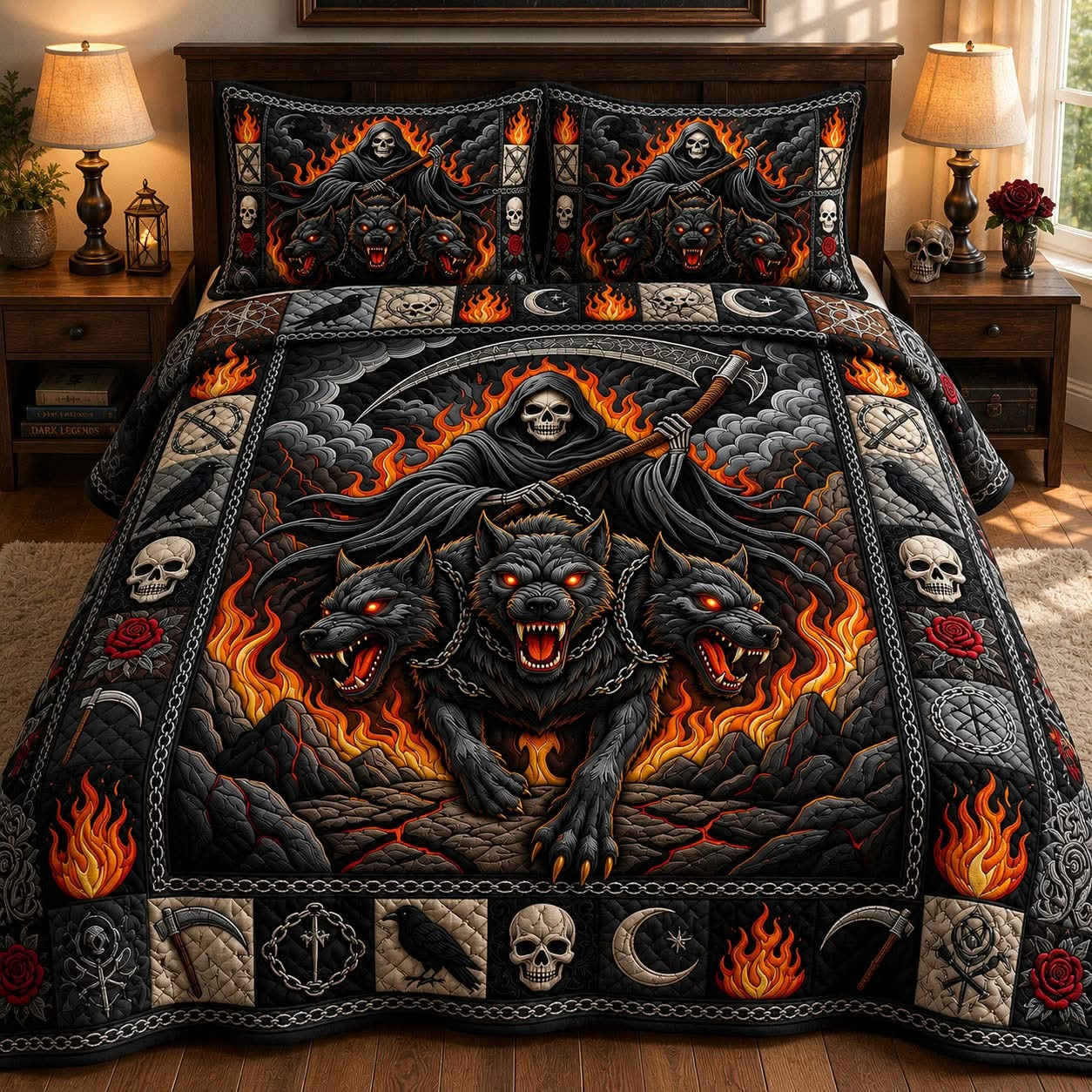 Grim Reaper Three Headed Cerberus Wolf Quilted Bedding Set Dark Gothic Home Decor Gift For Goth Fans