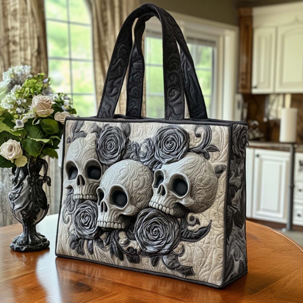 Grin and Glow Quilted Tote Bag Best Everyday Shoulder Bag Gifts With Skulls On Them