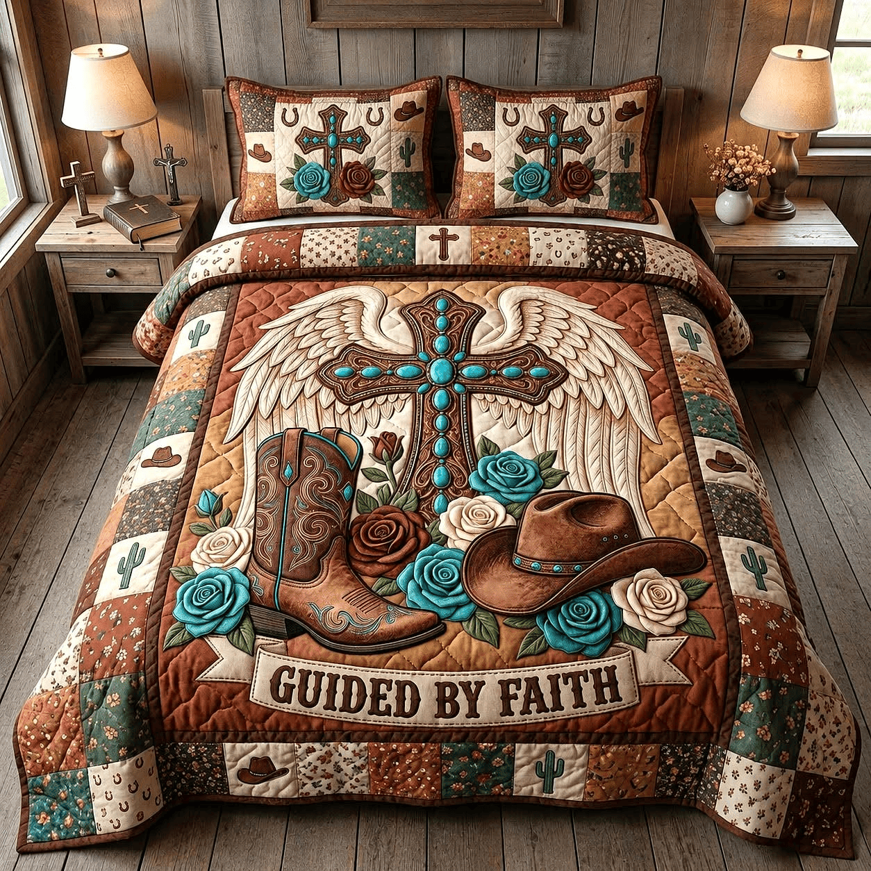 Guided By Faith Merch Western Cowboy Boots Cross Quilt Bedding Set Gift For Christian Home Decor