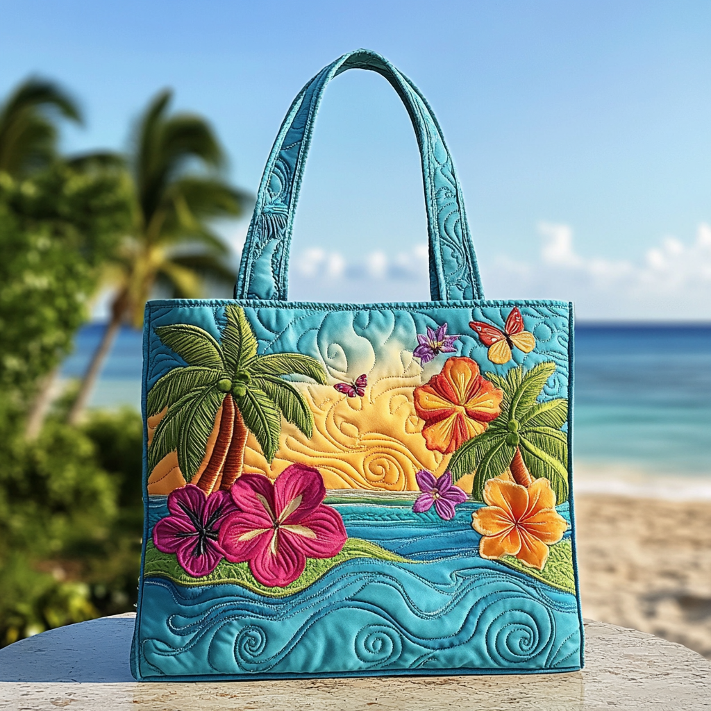 Hibiscus Bay Quilted Tote Bag Popular Designer Tote Bags Ocean Gift For Beach Lover