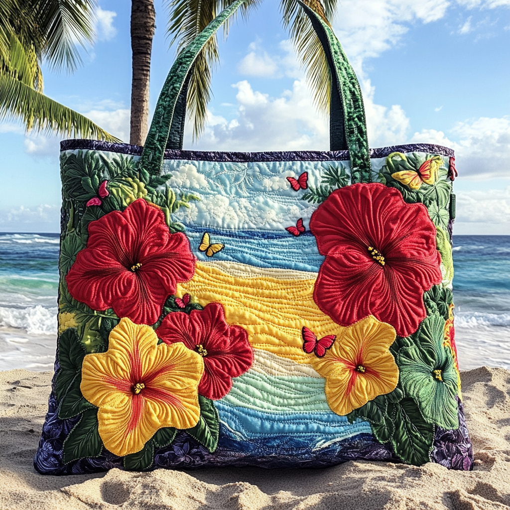 Hibiscus Vibe Quilted Tote Bag Trendy Shoulder Bags Beach Related Gift Ideas