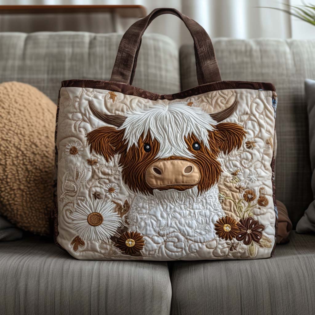Highland Calm Quilted Tote Bag Most Popular Shoulder Bags Highland Cow Themed Gifts