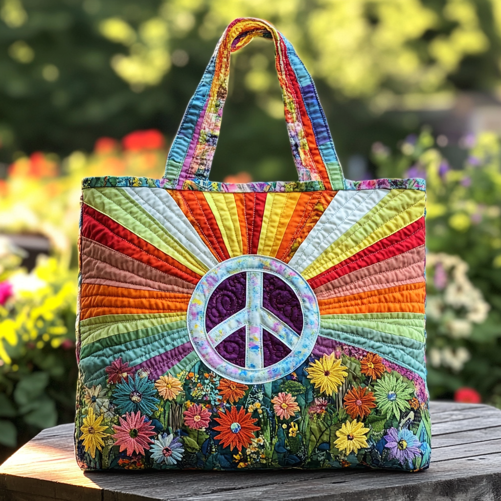 Hippie Vibes Quilted Tote Bag Top Design Tote Bag Gifts For Hippy Mom