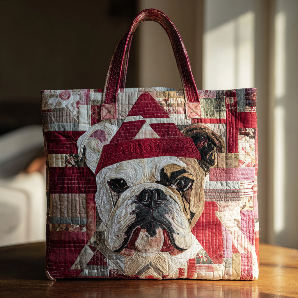 Holiday Bulldog Quilted Tote Bag Top Design Tote Bag Bulldog Themed Gifts