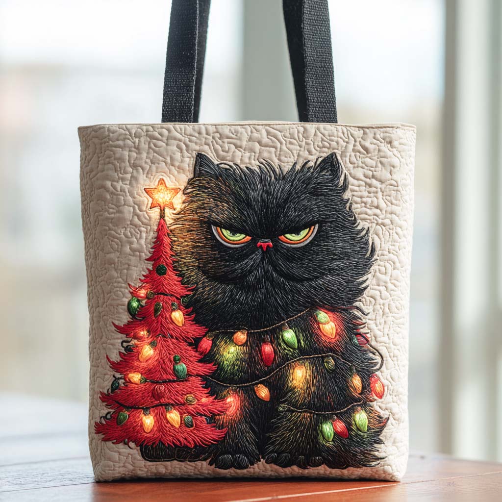 Holiday Cat Quilted Tote Bag Vintage Shoulder Bag Good Cat Gifts