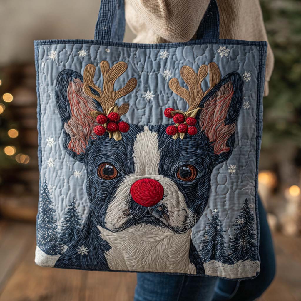 Holiday Reindeer Boston Terrier Quilted Tote Bag Best Women's Shoulder Bags Awesome Dog Lover Gifts