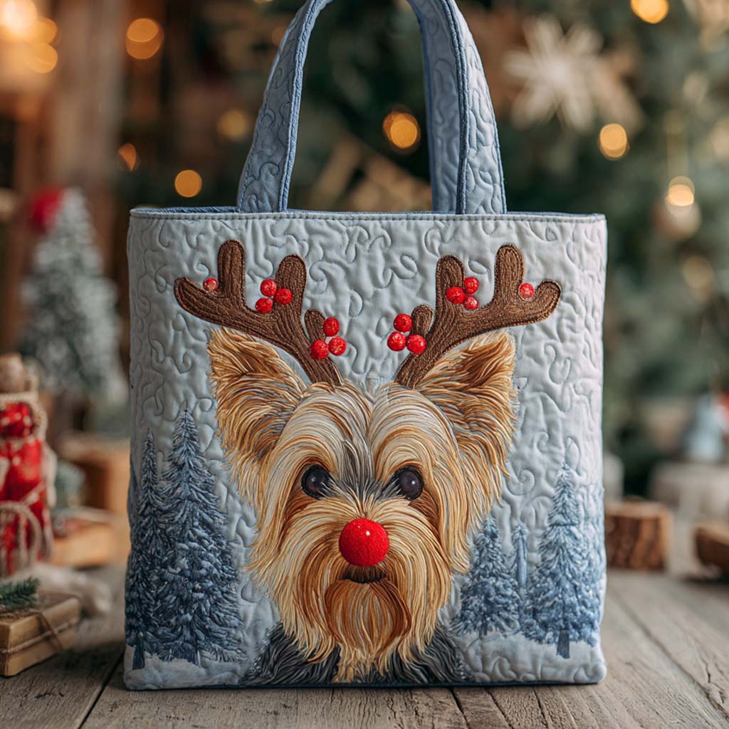 Holiday Reindeer Yorkshire Terrier Quilted Tote Bag Best Everyday Shoulder Bag Gifts For Yorkshire Terrier Lovers