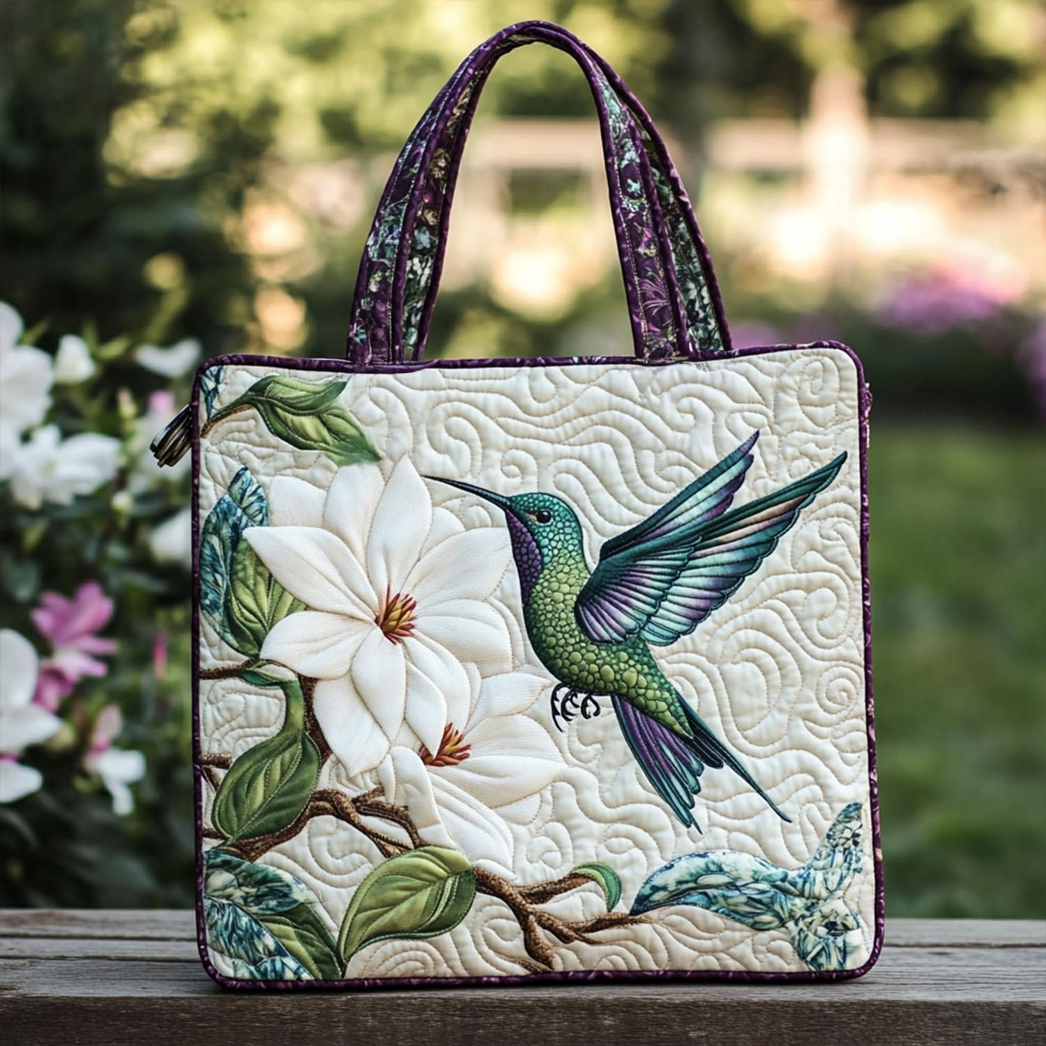 Humming Blossom Quilted Tote Bag Cool Tote Bags For Women Awesome Gifts For Hummingbird Lovers