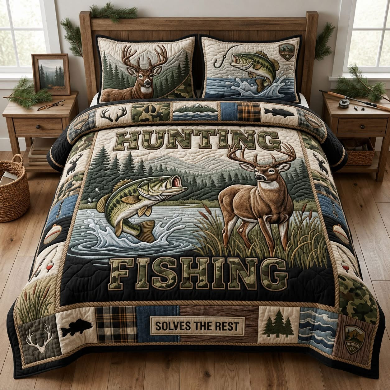 Hunting And Fishing Life Bass Deer Solves The Rest Quilted Bedding Set Cabin Decor Gift For Fisherman