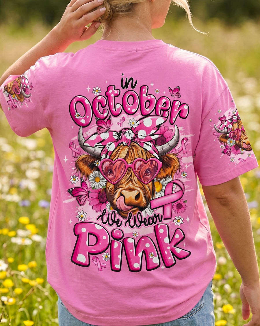 In October We Wear Pink Breast Cancer Awareness T-Shirt Floral Highland Cow Shirt Mom's Gift - Image 2