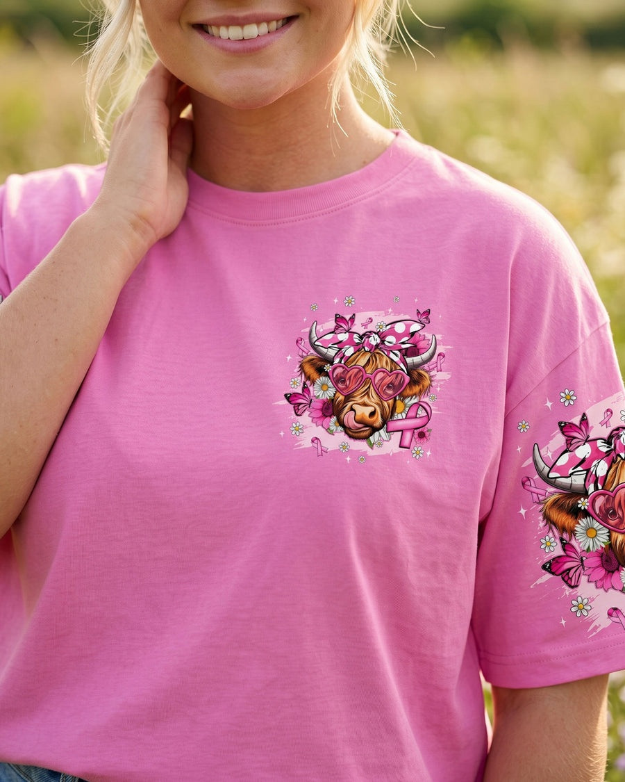 In October We Wear Pink Breast Cancer Awareness T-Shirt Floral Highland Cow Shirt Mom's Gift