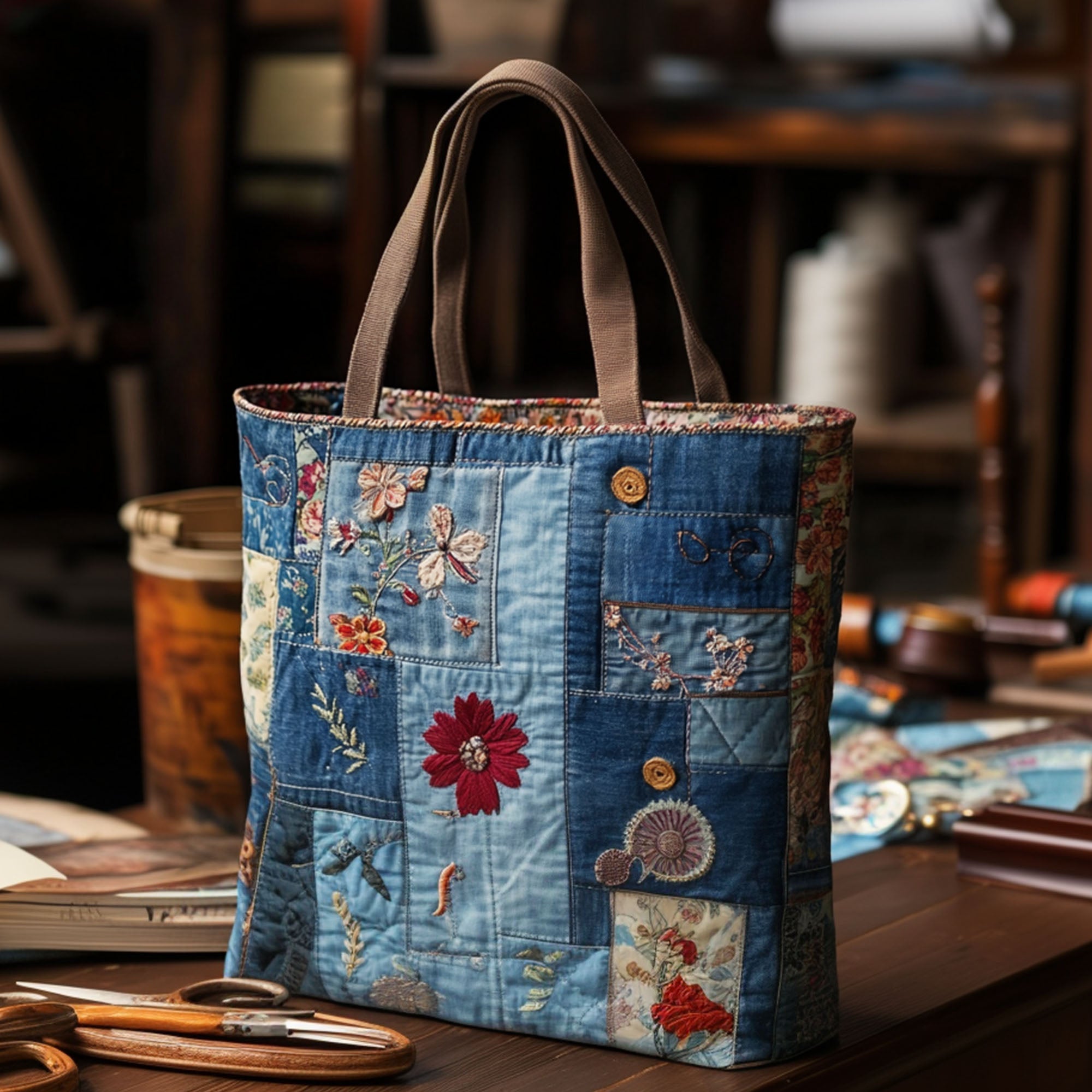 Indigo Flowers Quilted Tote Bag Best Shoulder Handbags Mother Gifts From Son - Image 3