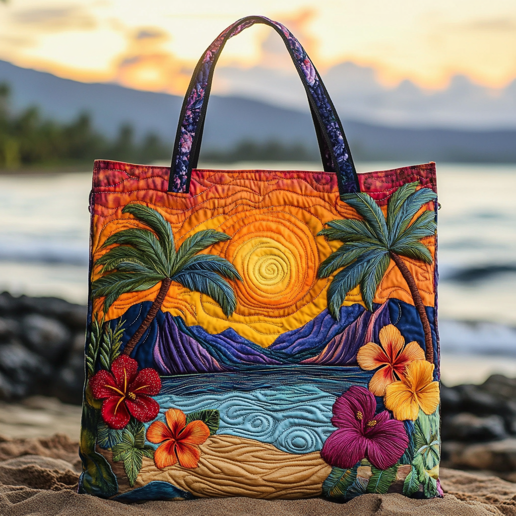 Island Sunset Quilted Tote Bag Popular Designer Tote Bags Birthday Gift For Beach Lover