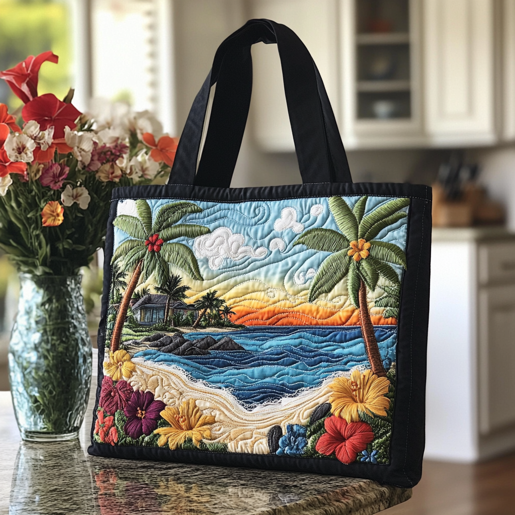 Island Sunset Quilted Tote Bag Tote Bag Shoulder Unique Gifts For Ocean Lovers