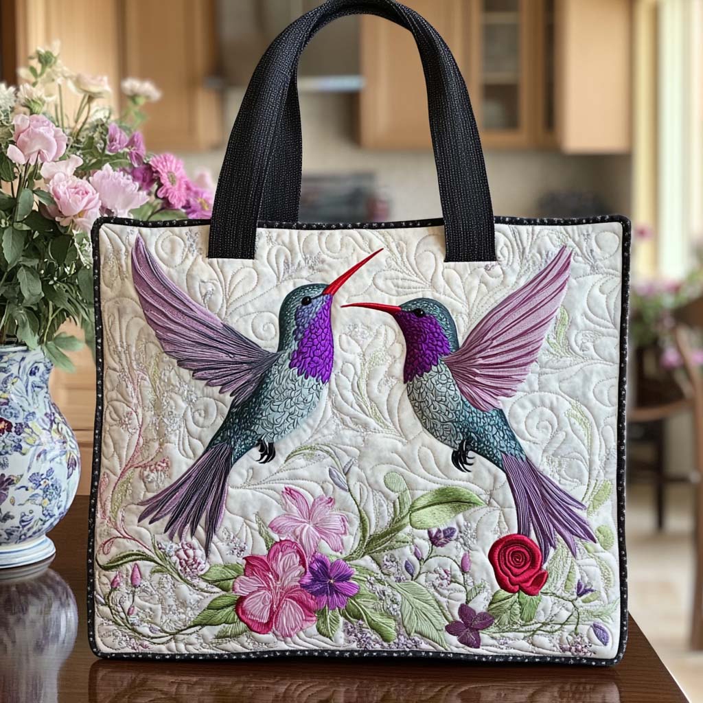 Joyful Hummer Kiss Quilted Tote Bag Shoulder Bag Vintage Novelty Hummingbird Presents