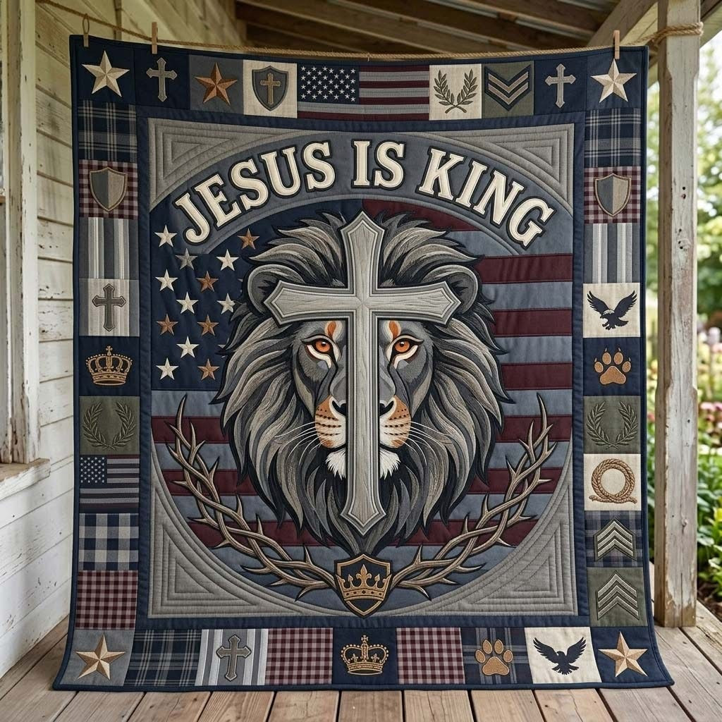 Lion Cross Majesty Jesus Is King Quilted Blanket American Flag Christian Bed Decor Gift For Men