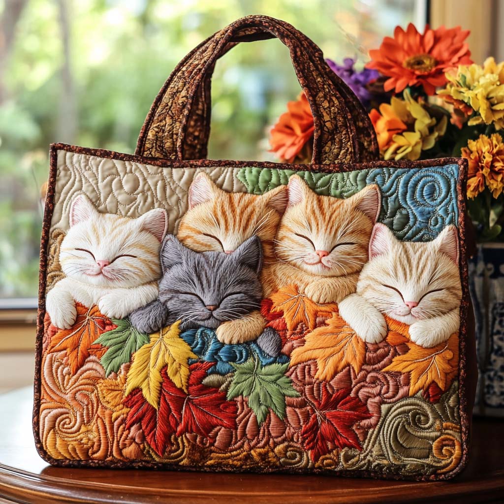 Maple Cat Trail Quilted Tote Bag Womens Tote Bag Cat Presents For Cat Lovers