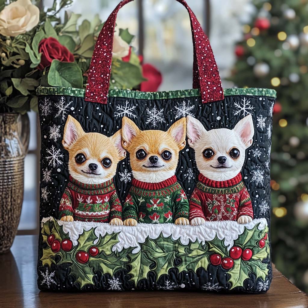 Merry Chihuahua Quilted Tote Bag Most Popular Tote Bags Chihuahua Gifts Items