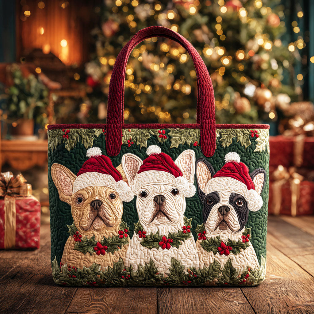 Merry Frenchies Quilted Tote Bag Best Everyday Shoulder Bag French Bulldog Gifts For Owners