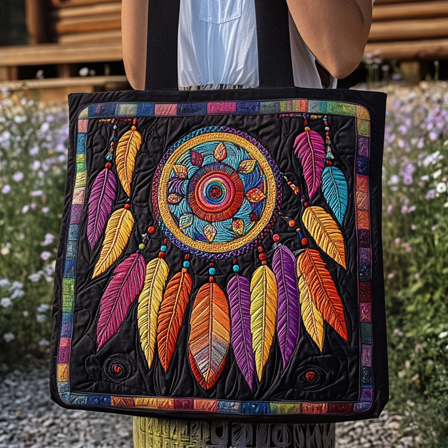 Midnight Guardian Quilted Tote Bag Vintage Shoulder Bag Native American Themed Gifts
