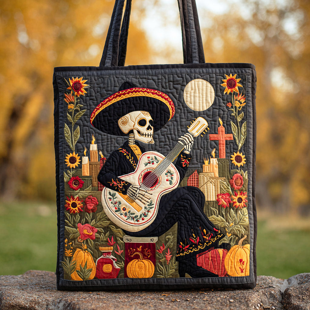 Midnight Guitar Quilted Tote Bag Best Luxury Tote Gifts For Dia De Los Muertos