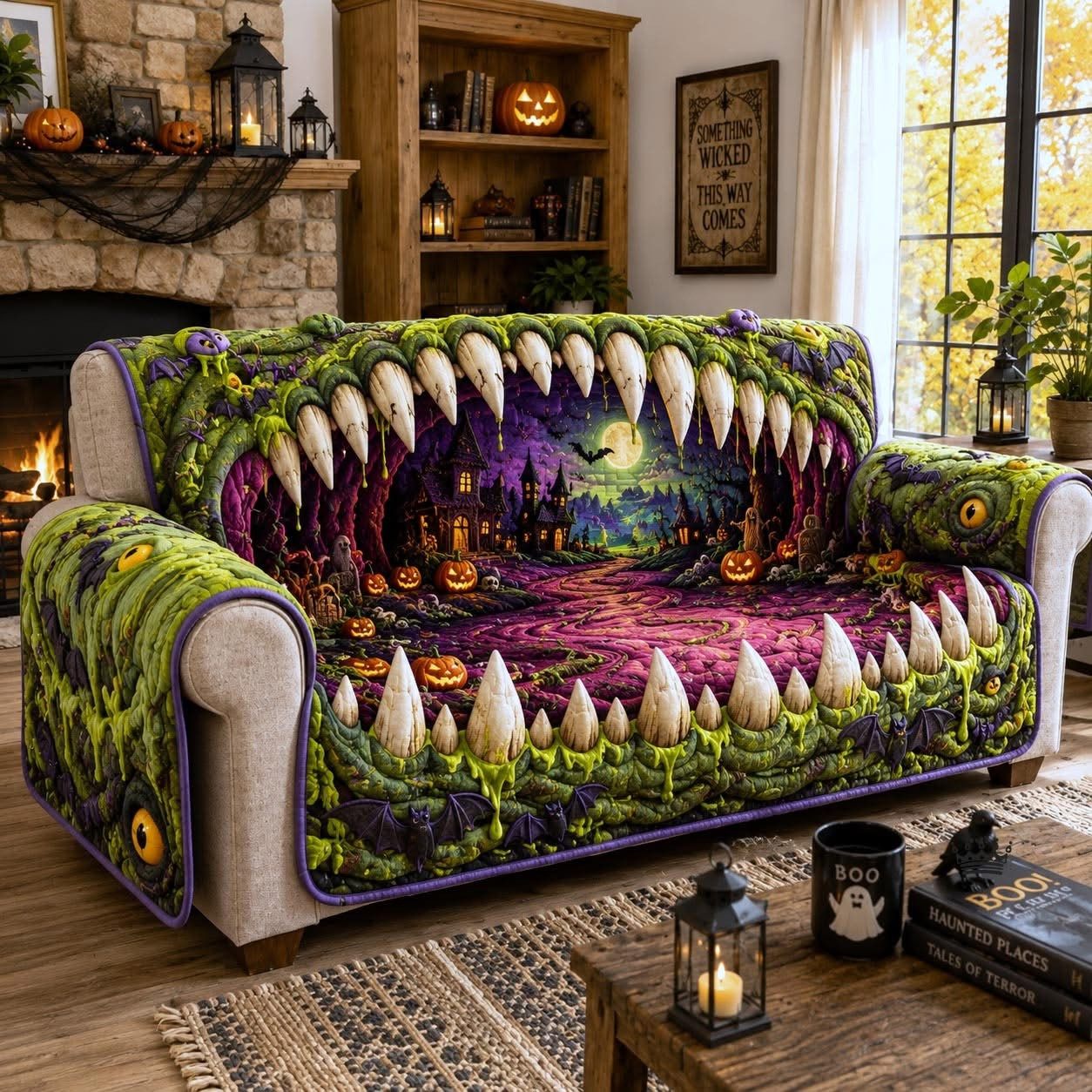 Midnight Haunt Monster Mouth Quilted Sofa Cover Spooky Halloween Pumpkin Home Decor Gift Ideas