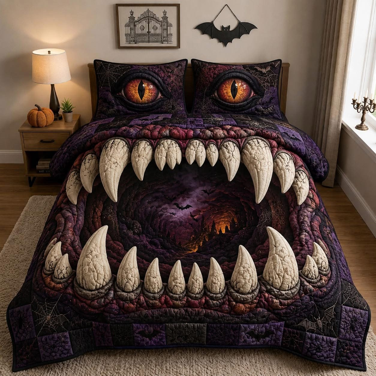 Midnight Haunt Spooky Monster Mouth Quilted Bedding Set Gothic Halloween Home Decor Goth Fans Gift