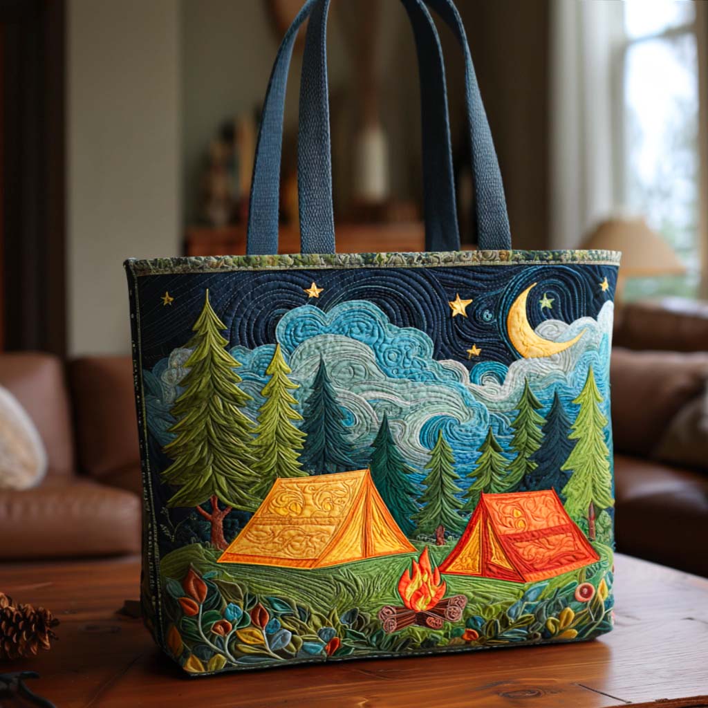 Moonlit Camping Quilted Tote Bag Cute Tote Bags Unique Camping Gifts