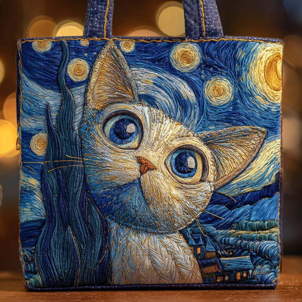 Moonlit Curiosity Cat Quilted Tote Bag Handbag For Women Good Mothers Day Gift Ideas