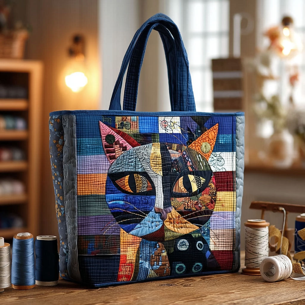Moonlit Mosaic Quilted Tote Bag Shoulder Bag Vintage Cat Person Gifts