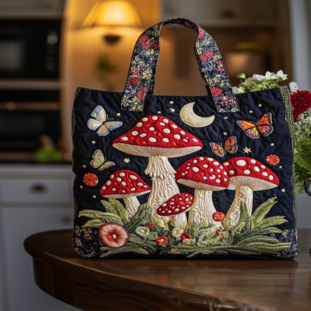 Moonlit Mushrooms Quilted Tote Bag Perfect Tote Bag Gifts For Mushroom Lovers