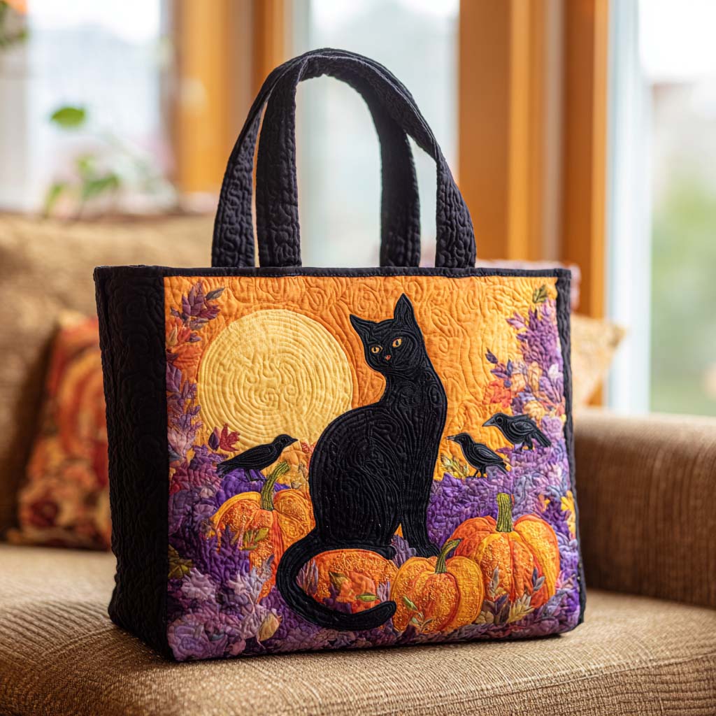 Moonlit Purr Quilted Tote Bag Cool Tote Bags For Women Stuff For Cat Lovers
