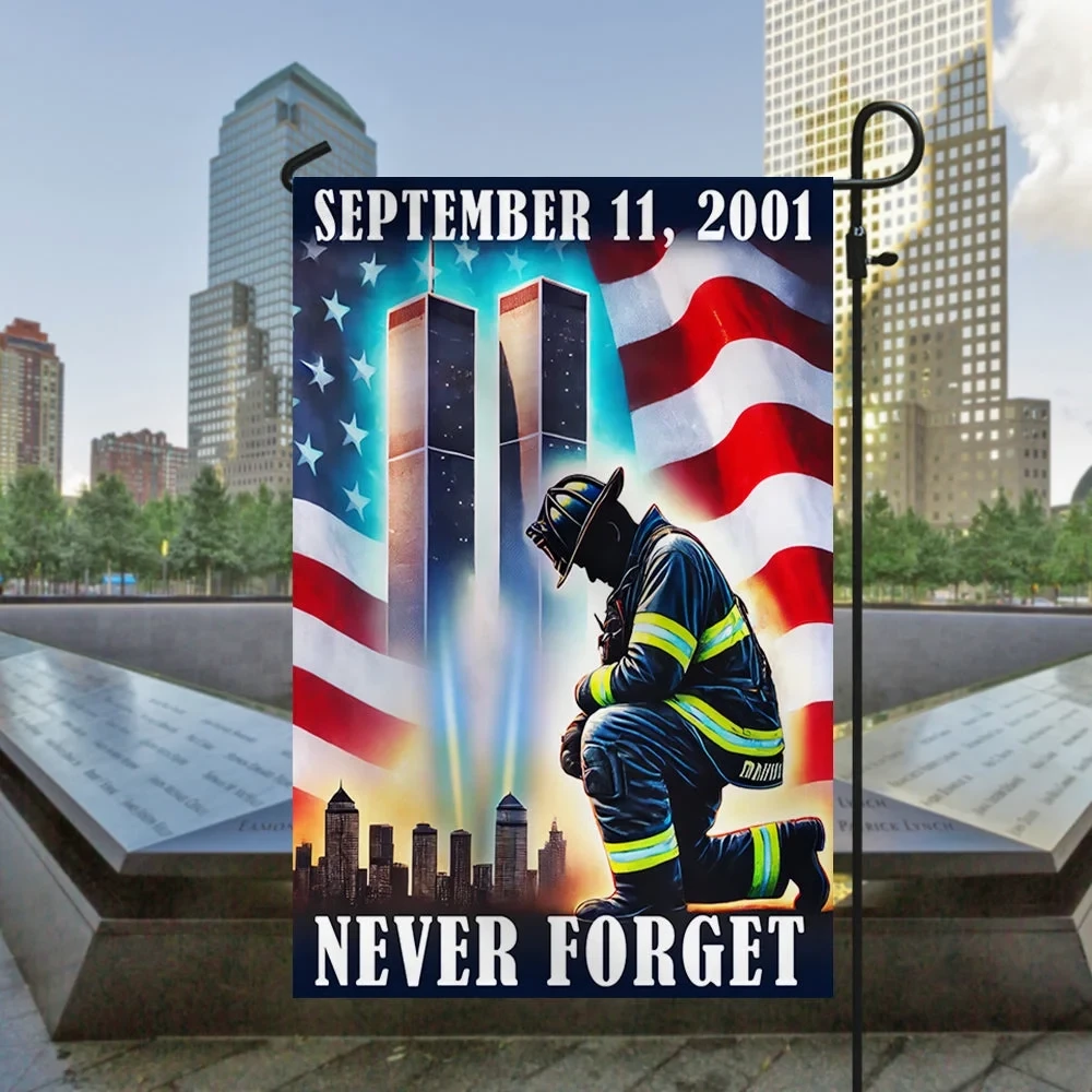 Never Forget 11th September Patriot Day 911 Kneeling Firefighter Flag Patriotic Decorations