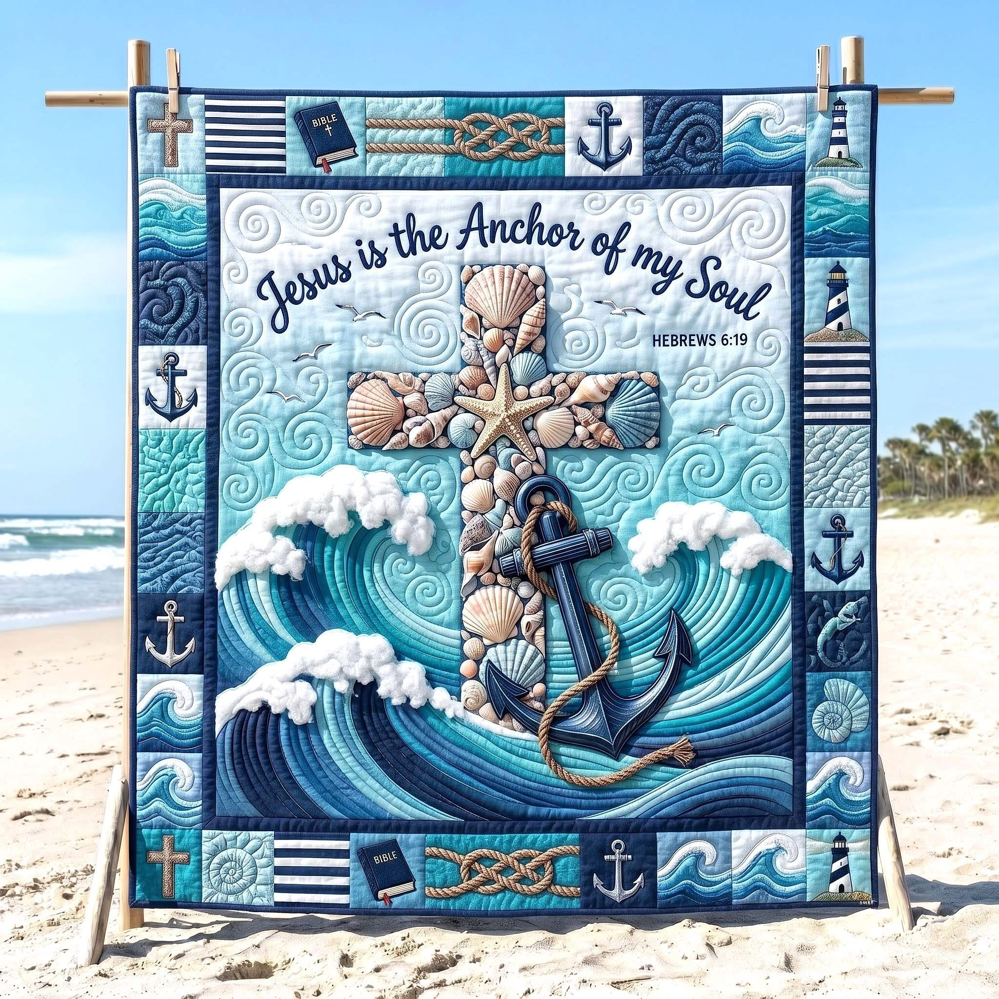 Ocean Grace Jesus Is The Anchor Of My Soul Quilted Blanket Christian Nautical Home Decor Gift For Him