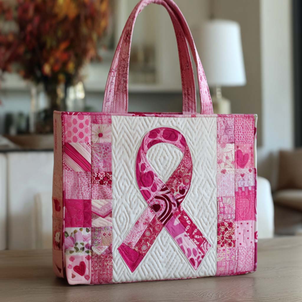Patchwork Pink Ribbon Quilted Tote Bag Handbag For Women Breast Cancer Awareness Gifts