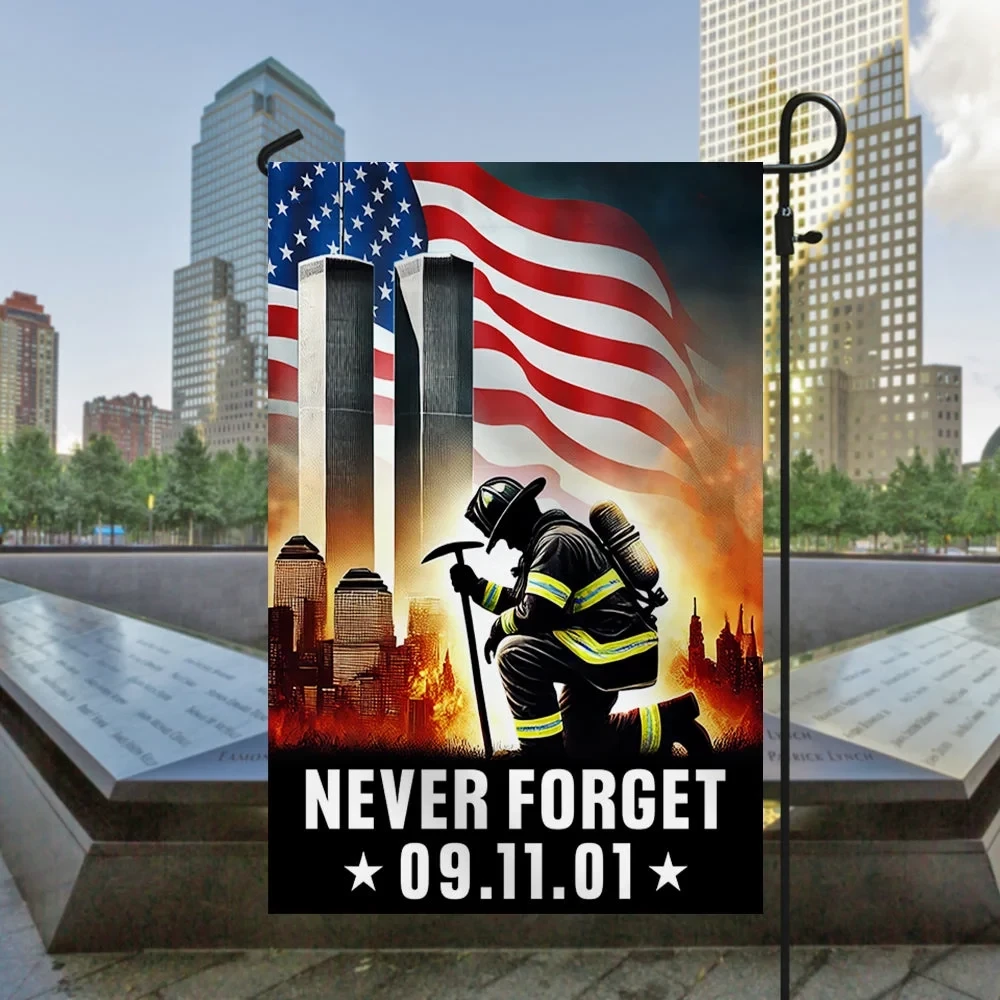 Patriot Day 343 Firefighter Never Forget 9 11 Memorial Day Kneeling Firefighter Flag Patriotic 9 11 Tribute Flag