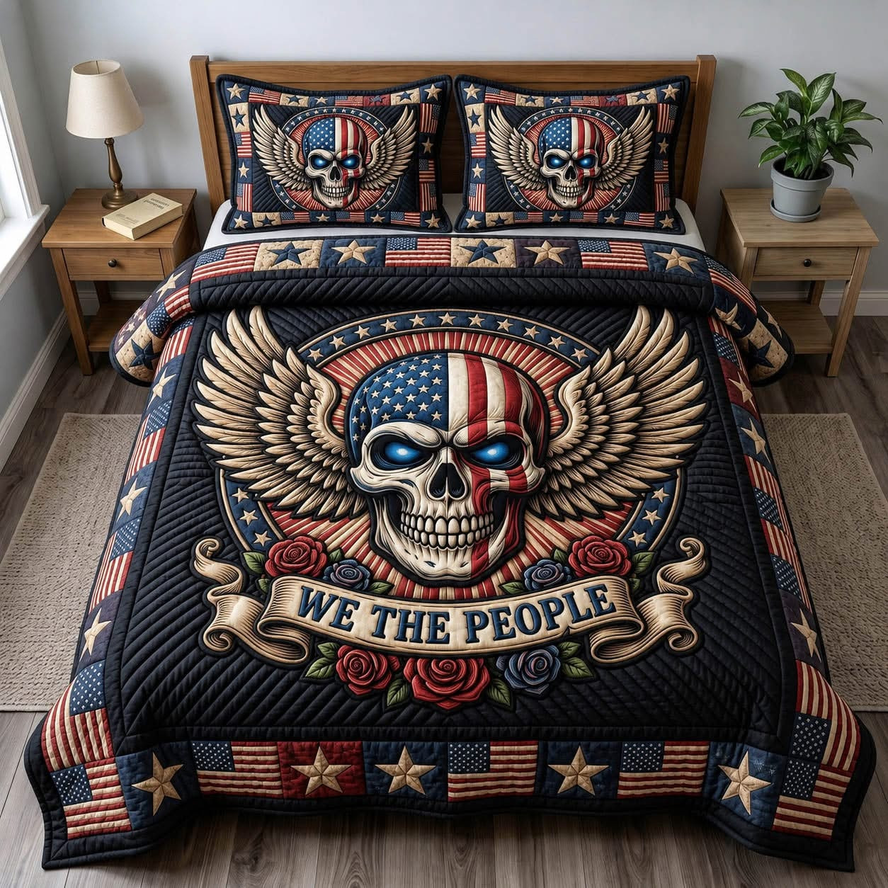 Patriotic Skull We The People Quilted Bedding Set American Flag Eagle Decor Gift For Veterans