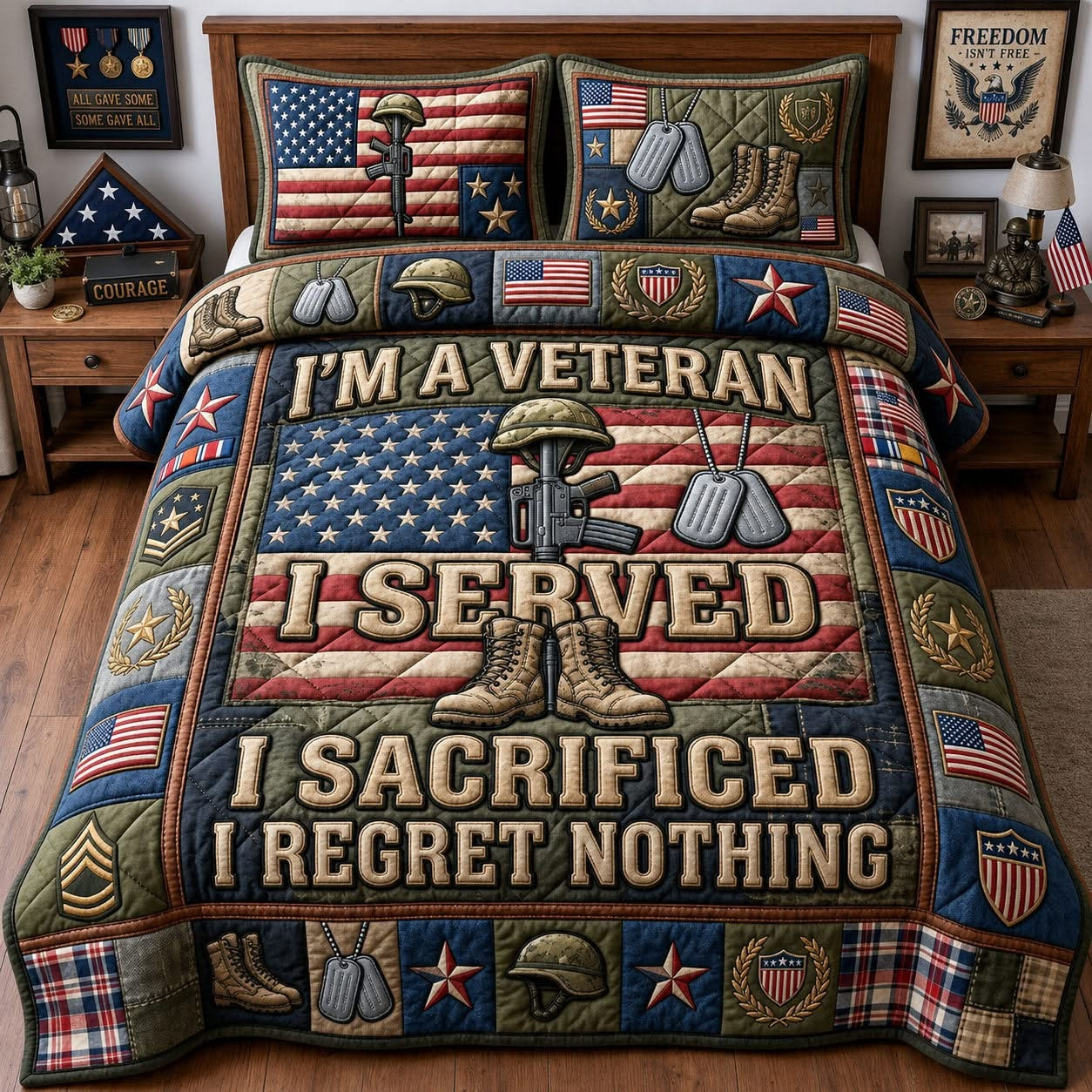 Patriotic Veteran I Am A Veteran I Served Quilted Bedding Set American Flag Soldier Home Decor
