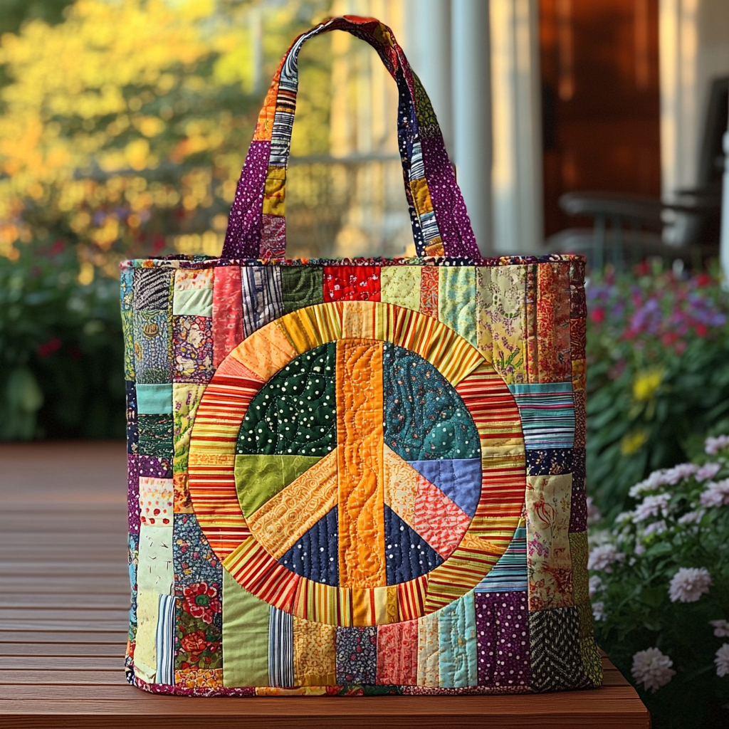 Peace in Pieces Quilted Tote Bag Best Work Totes For Women Hippie Gifts For Him