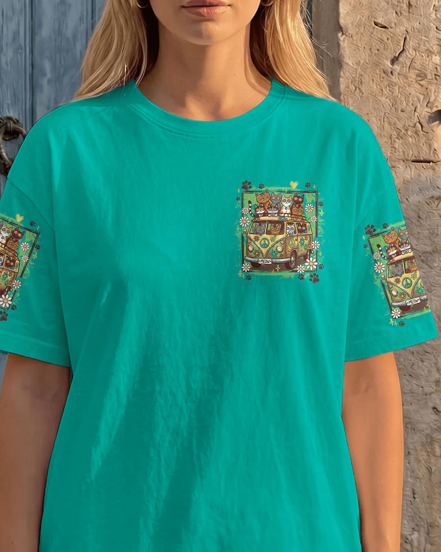 Peace Love And Meow Cats T-Shirt Hippie Van Merch Gift For Cat Lovers