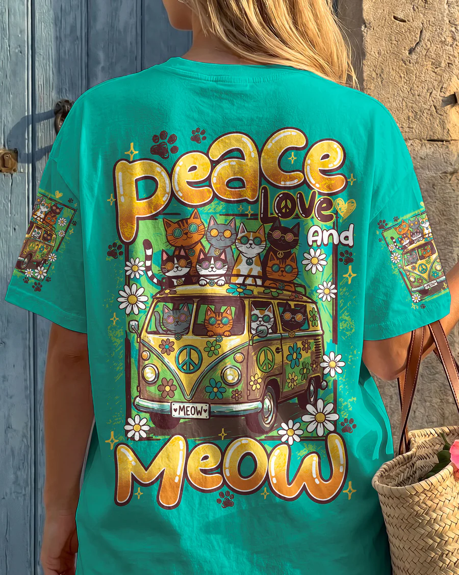 Peace Love And Meow Cats T-Shirt Hippie Van Merch Gift For Cat Lovers - Image 2