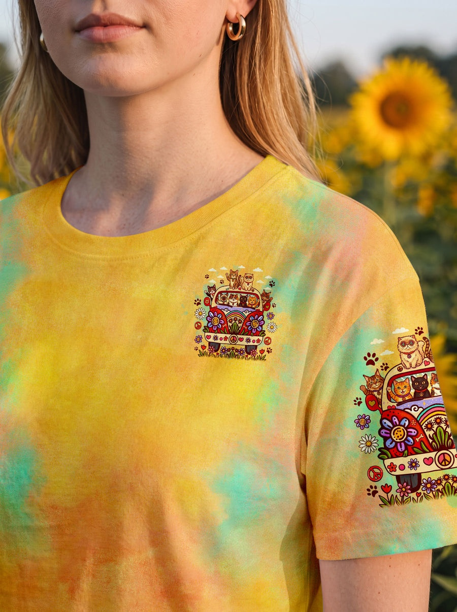 Peace Love And Meow Tie Dye T-Shirt Cute Cats Lover Shirt Gift For Sisters