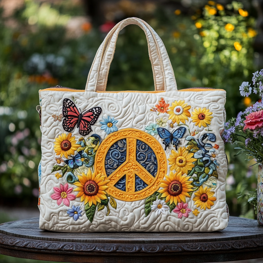 Peaceful Bloom Quilted Tote Bag Travel Shoulder Bag Gifts For Sunflower Lovers