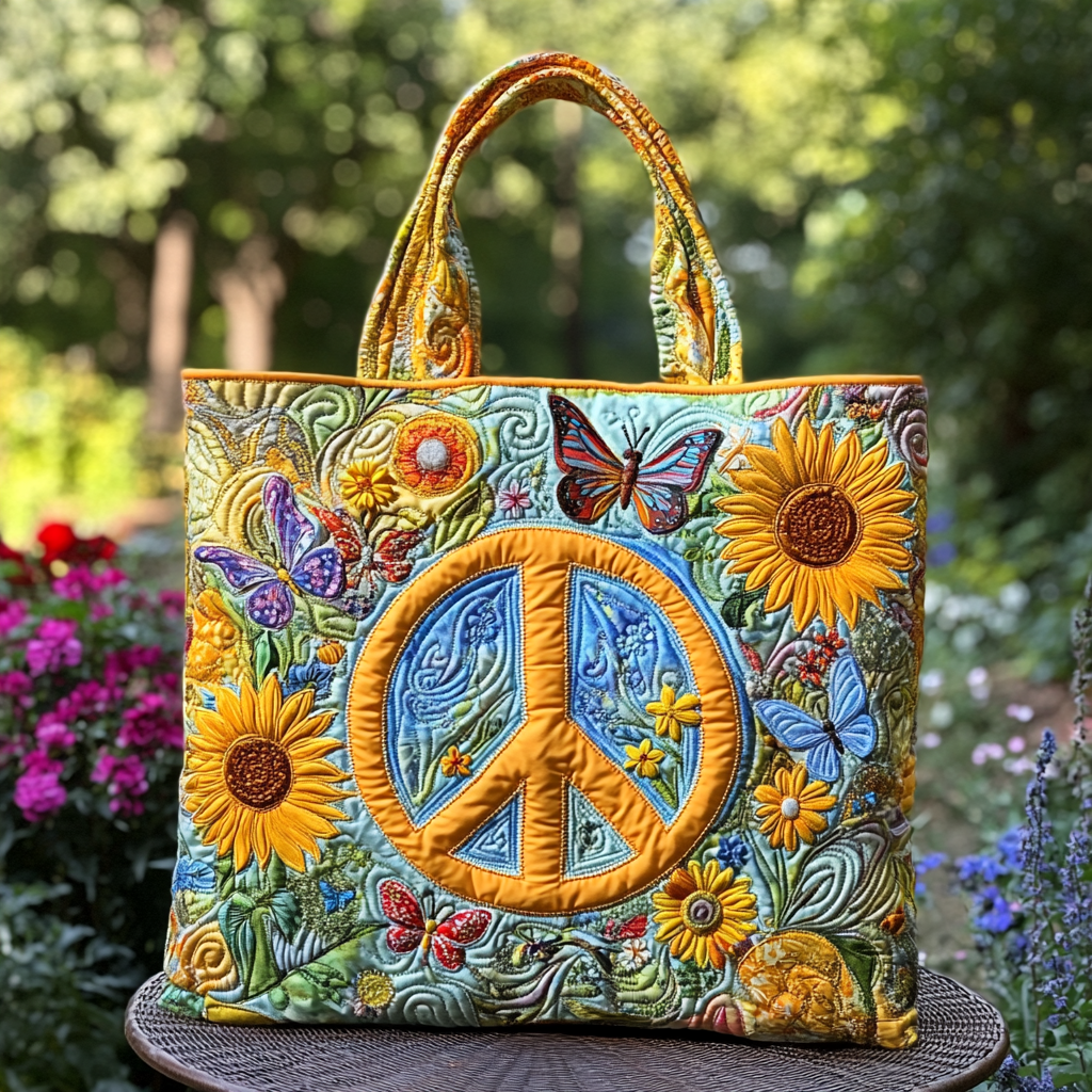 Peaceful Field Flowers Quilted Tote Bag Vintage Shoulder Bag Sunflower Gift Items
