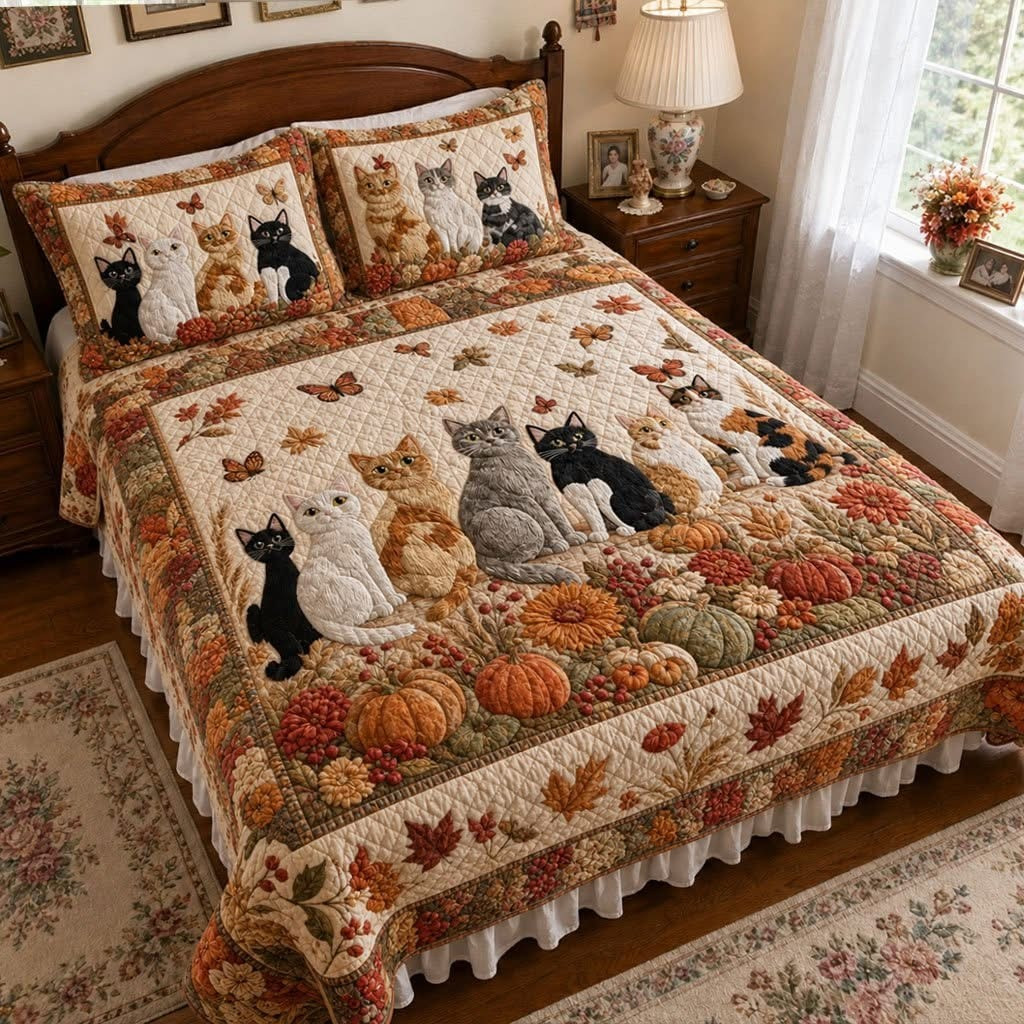 Peaceful Purrs Cute Cats Autumn Pumpkin Quilted Bedding Set Fall Leaves Decor Gift For Cat Mom