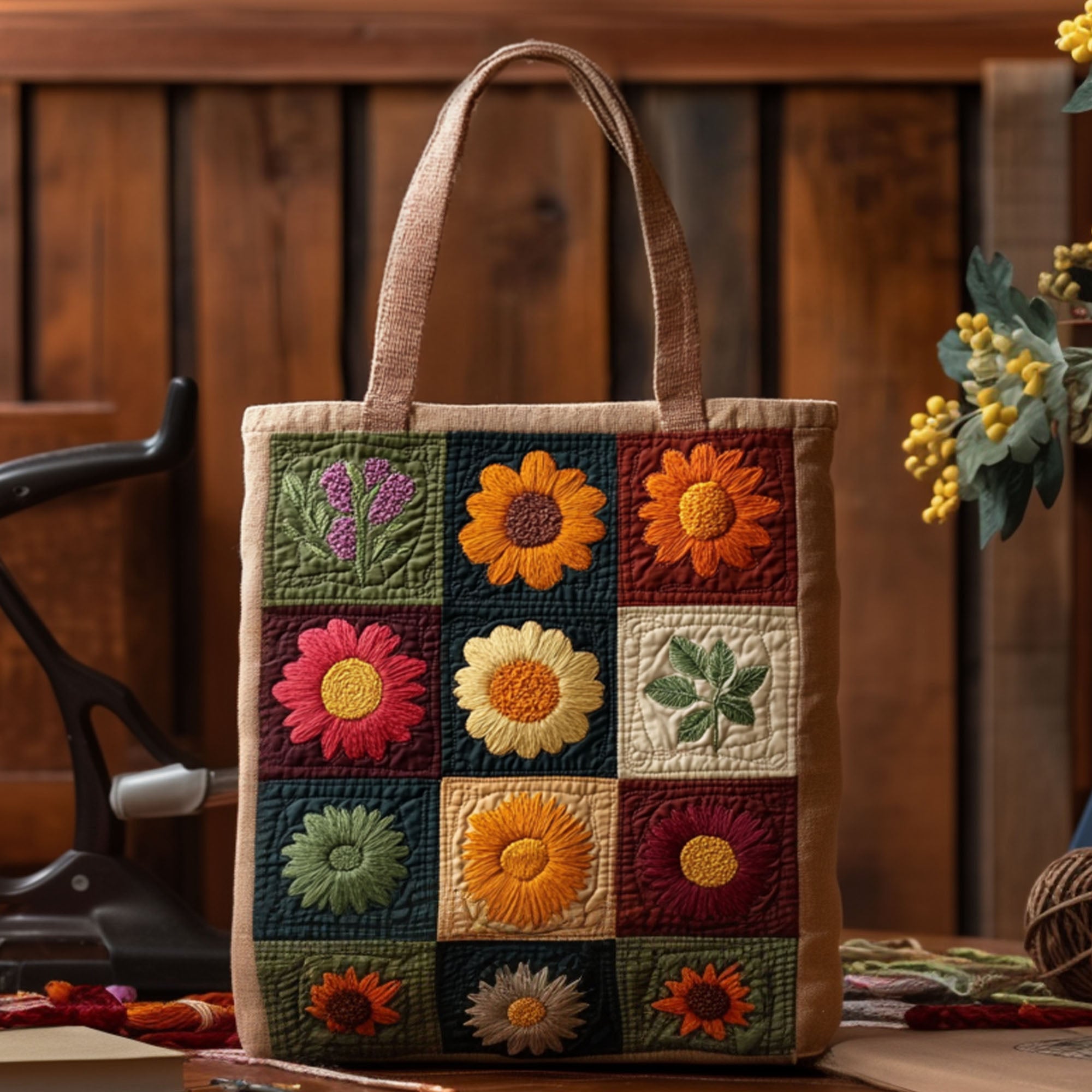 Petal Harmony Quilted Tote Bag Travel Shoulder Bag Cozy Fall Gift Ideas - Image 3