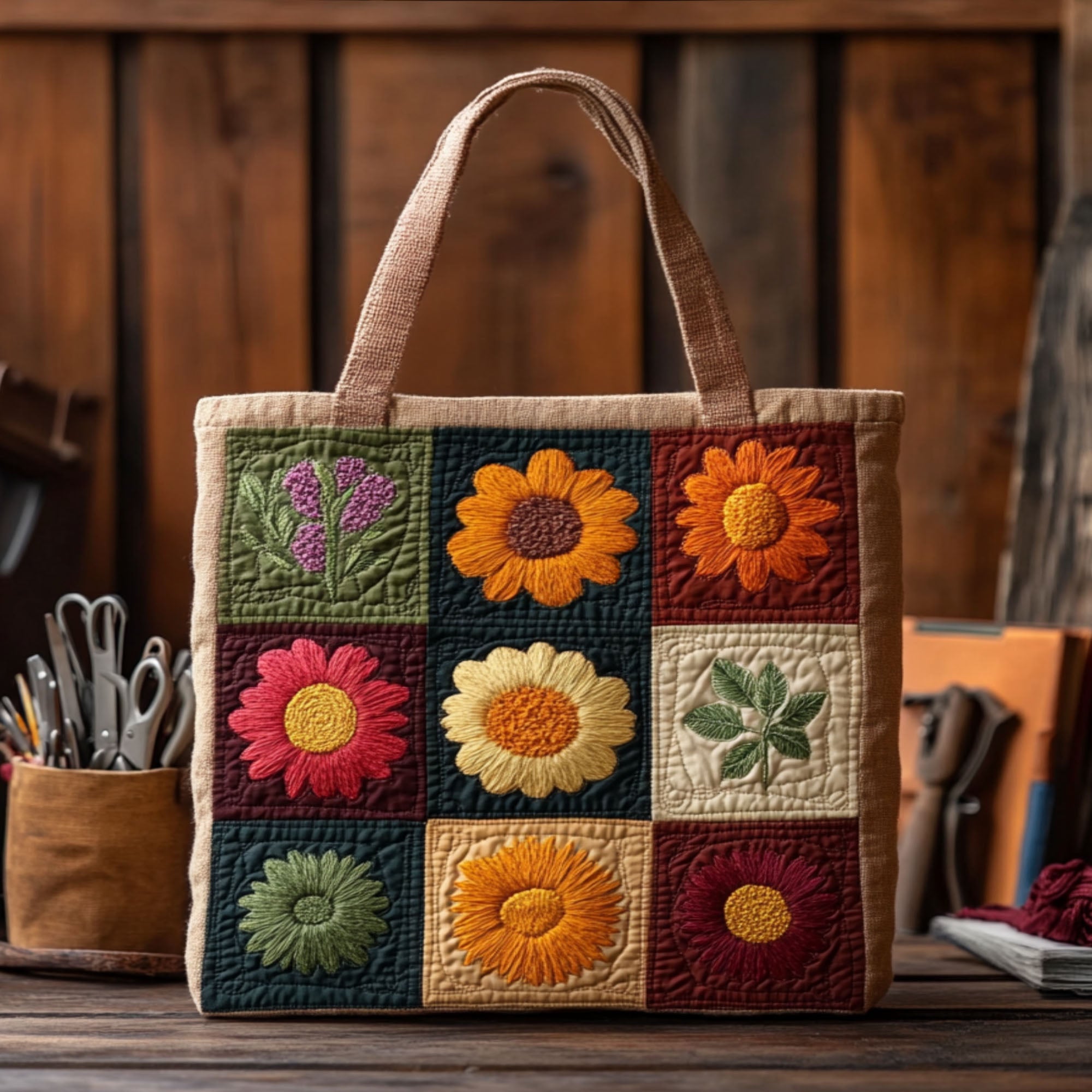 Petal Harmony Quilted Tote Bag Travel Shoulder Bag Cozy Fall Gift Ideas