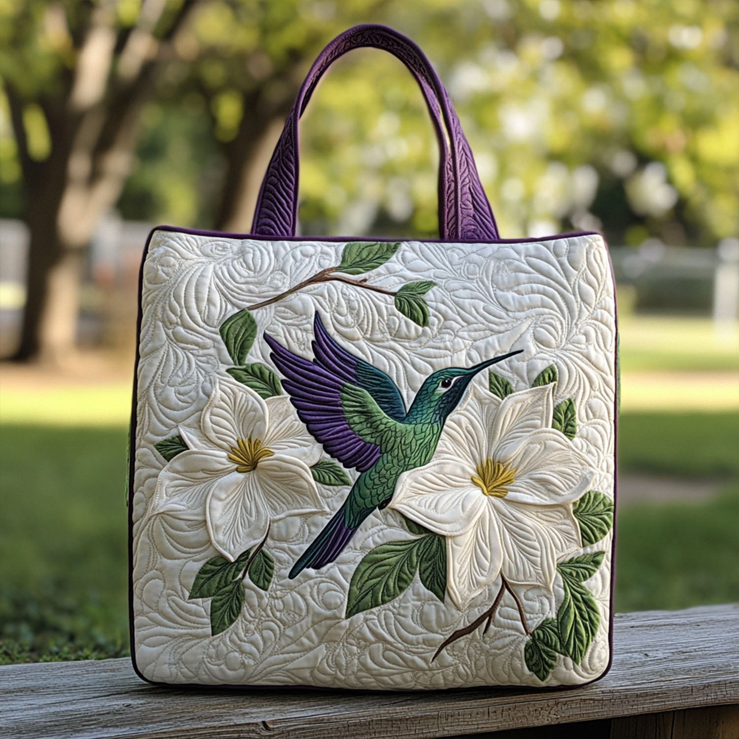 Petals in Flight Quilted Tote Bag Shoulder Bag Hummingbird Themed Birthday Presents